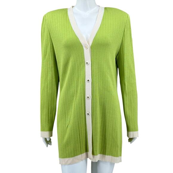 St John Collection Sweater Women 6 Green Cream Long Cardigan Quiet Luxury Mature - Picture 1 of 8